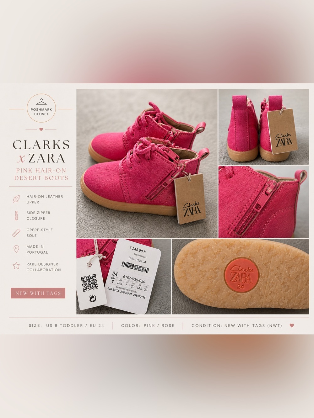 Clarks x Zara Toddler Pink Cowhide Desert Boots EU 24 US 8 NWT